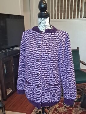Women's Purple Marled Button-Up Hand Knitted Sweater Large